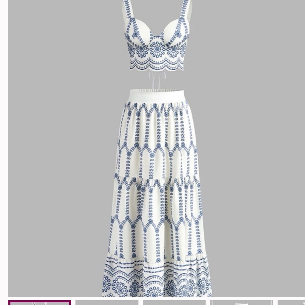 Commense White and Blue Embroidered Two-Piece Dress